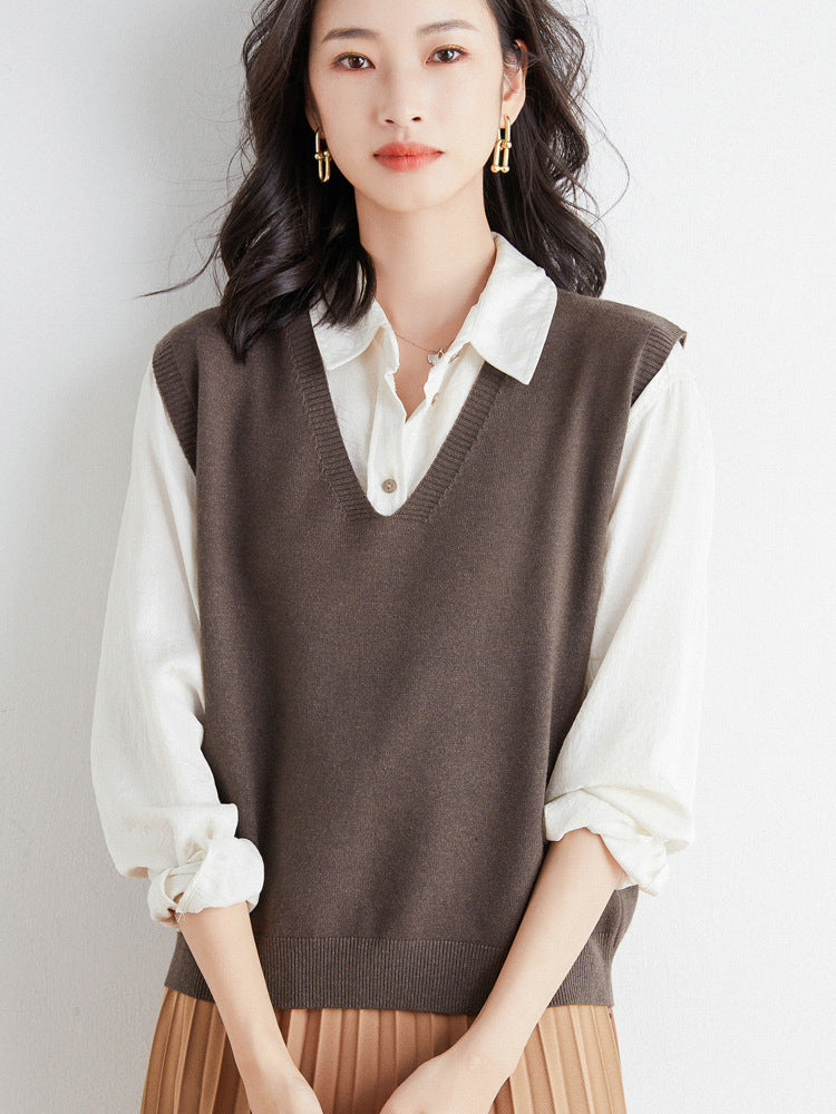 Women's Oversized V-Neck Fine-Knit Sweater Vest with Ribbed Hem