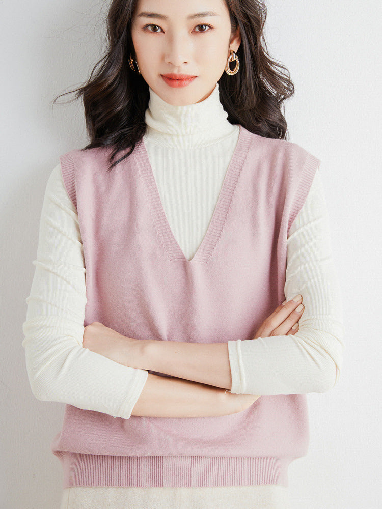 Women's Oversized V-Neck Fine-Knit Sweater Vest with Ribbed Hem