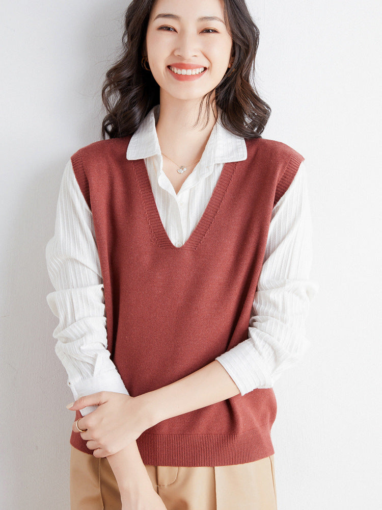 Women's Oversized V-Neck Fine-Knit Sweater Vest with Ribbed Hem