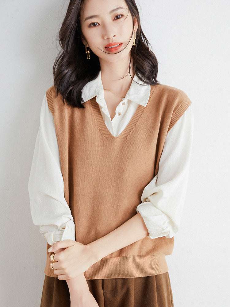 Women's Oversized V-Neck Fine-Knit Sweater Vest with Ribbed Hem