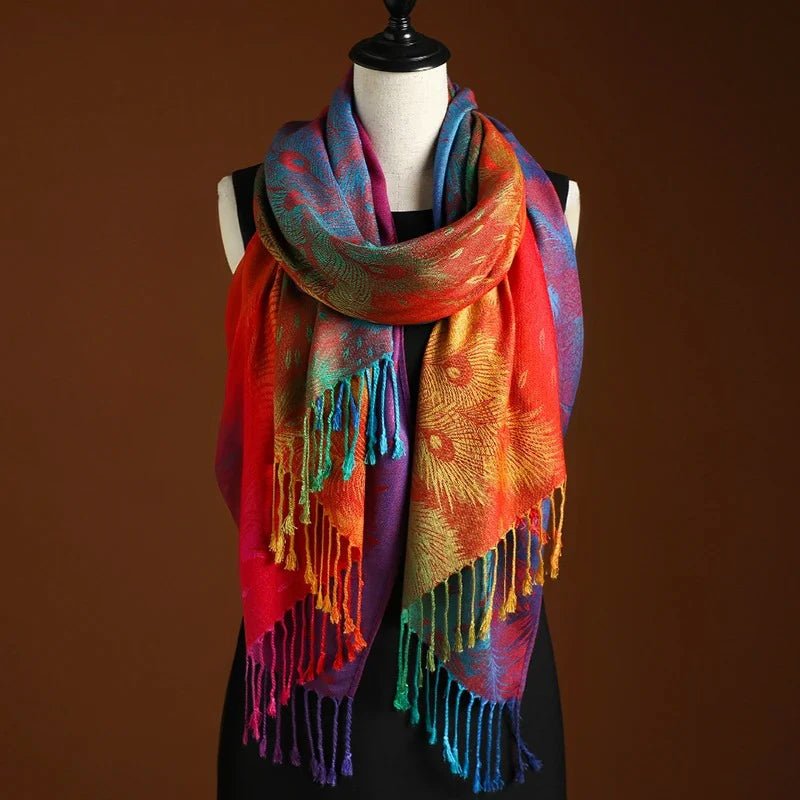 Women's Peacock Pattern Bohemian Fringe Shawl Wrap