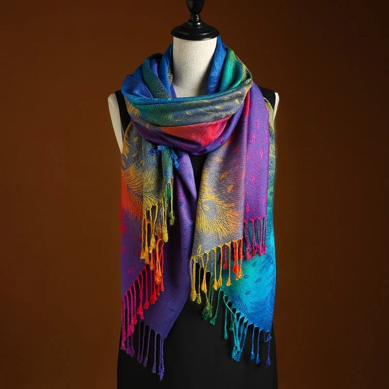 Women's Peacock Pattern Bohemian Fringe Shawl Wrap