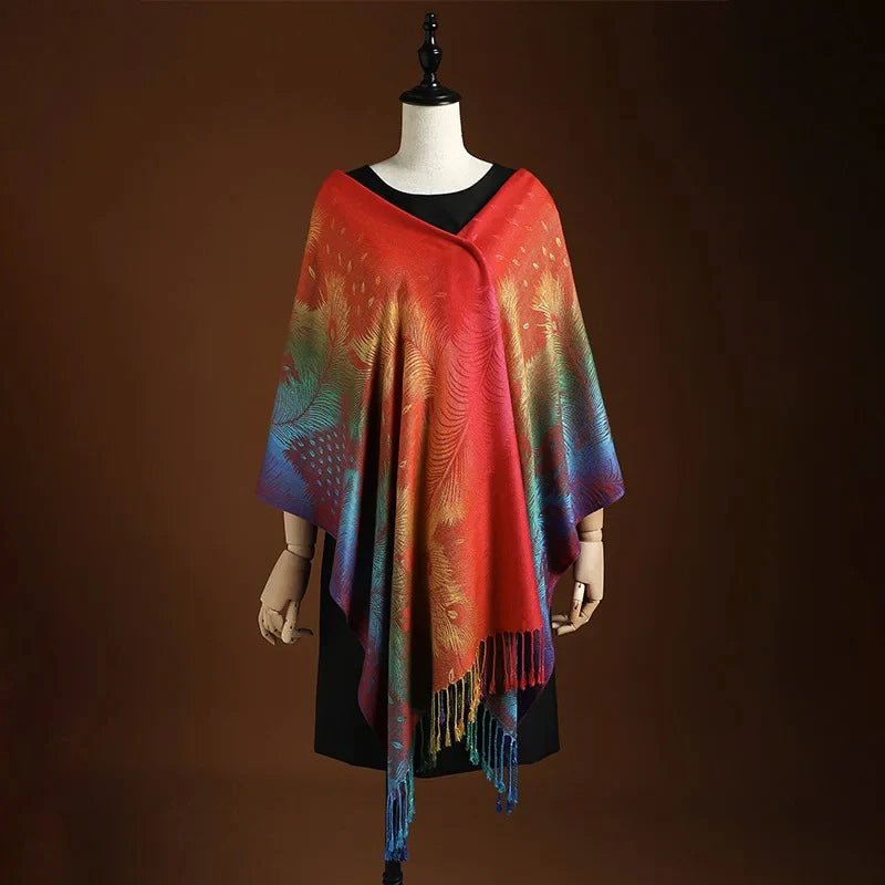 Women's Peacock Pattern Bohemian Fringe Shawl Wrap