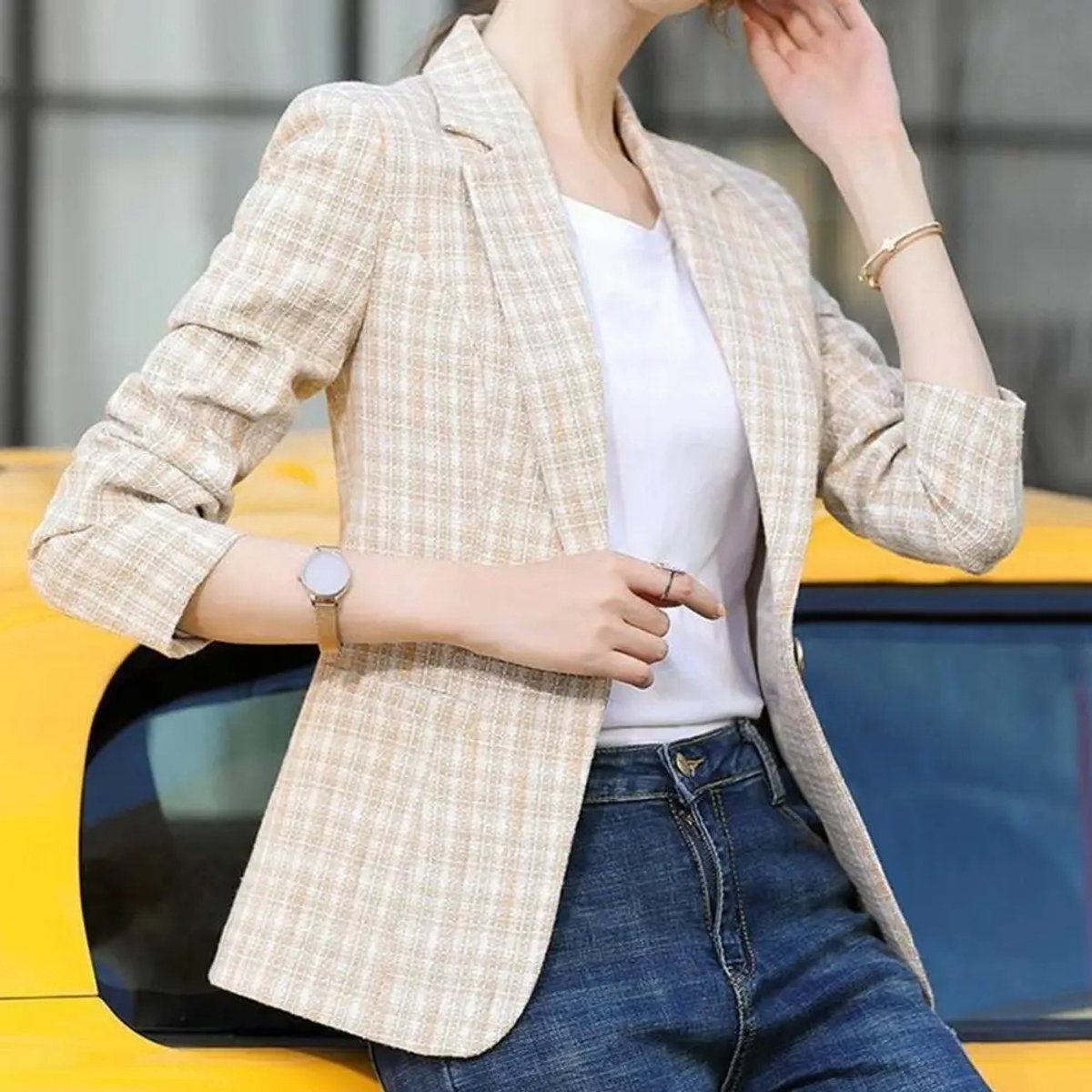 Women's Plaid Single-Button Tailored Blazer Jacket
