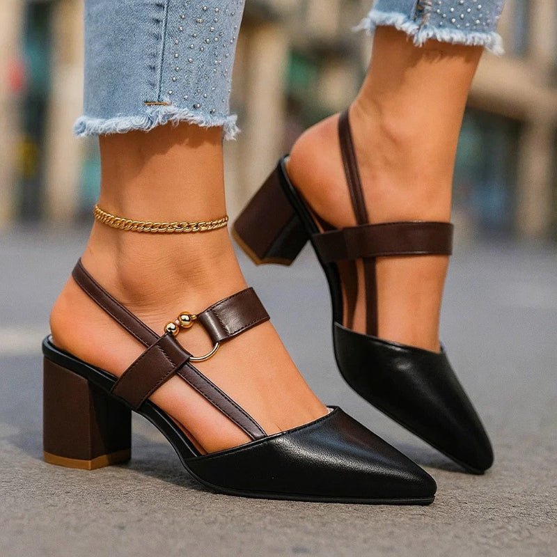 Women's Pointed-Toe Block-Heel Slingback Pumps with Buckle Strap