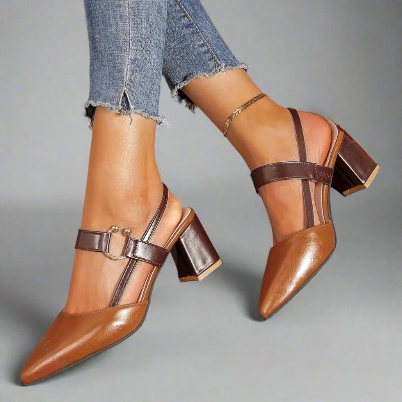 Women's Pointed-Toe Block-Heel Slingback Pumps with Buckle Strap