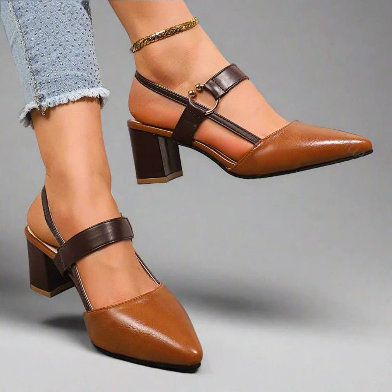 Women's Pointed-Toe Block-Heel Slingback Pumps with Buckle Strap