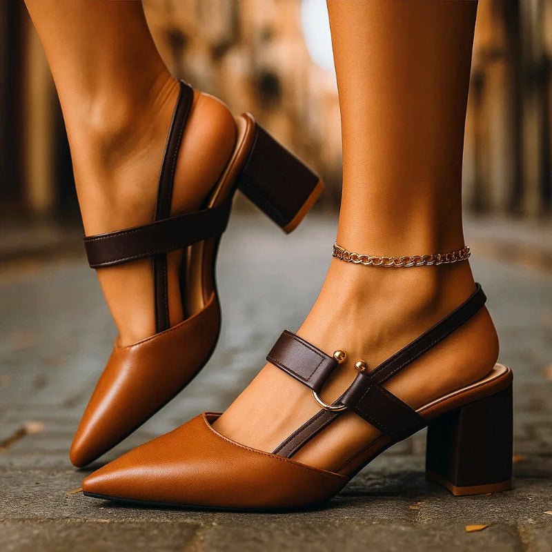 Women's Pointed-Toe Block-Heel Slingback Pumps with Buckle Strap