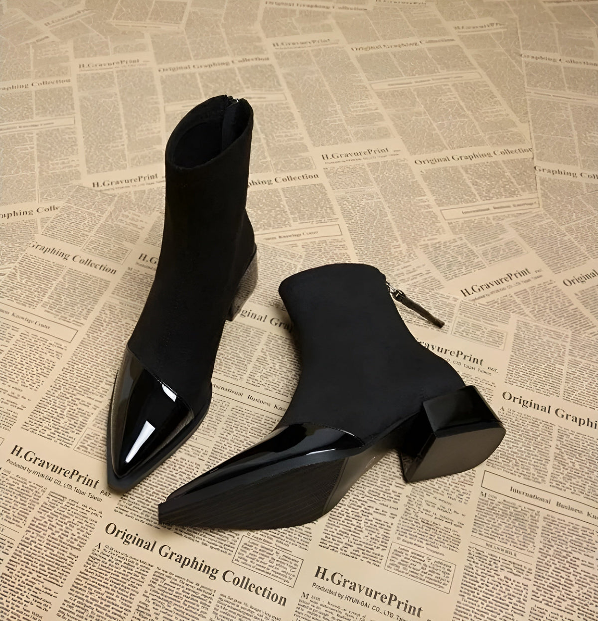 Women's Pointed-Toe Block Heel Zip-Up Ankle Boots