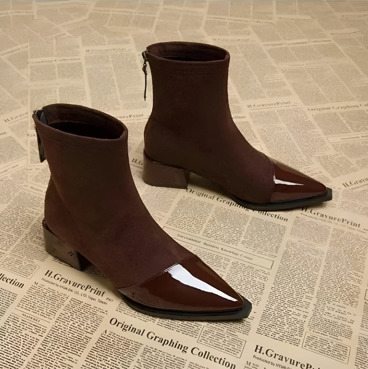 Women's Pointed-Toe Block Heel Zip-Up Ankle Boots