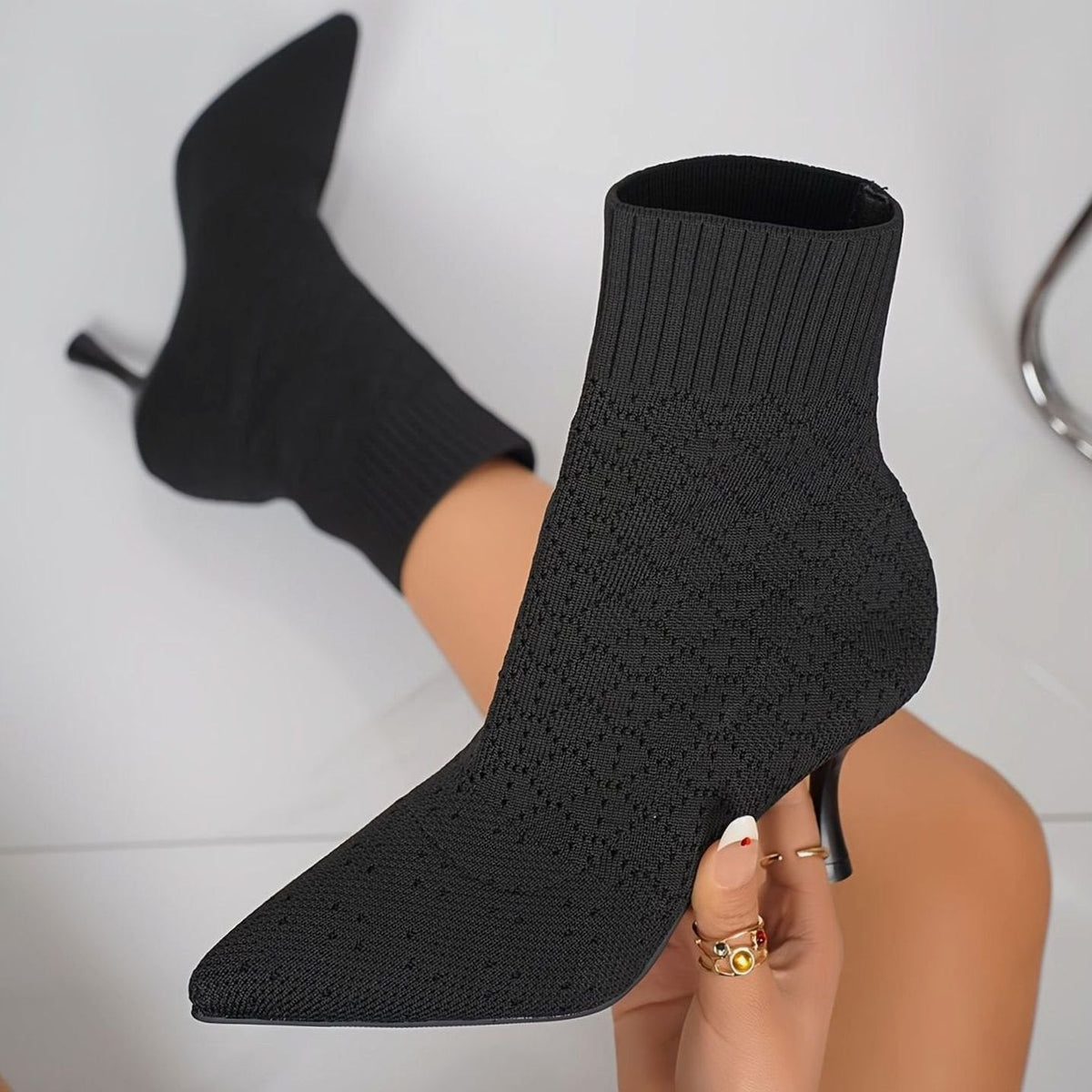 Women's Pointed-Toe Knit Sock Stiletto Ankle Boots
