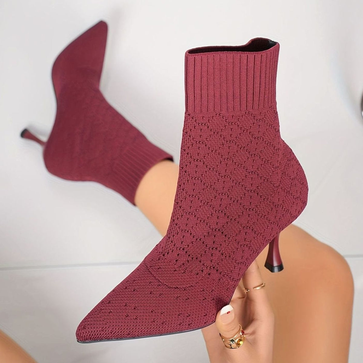 Women's Pointed-Toe Knit Sock Stiletto Ankle Boots