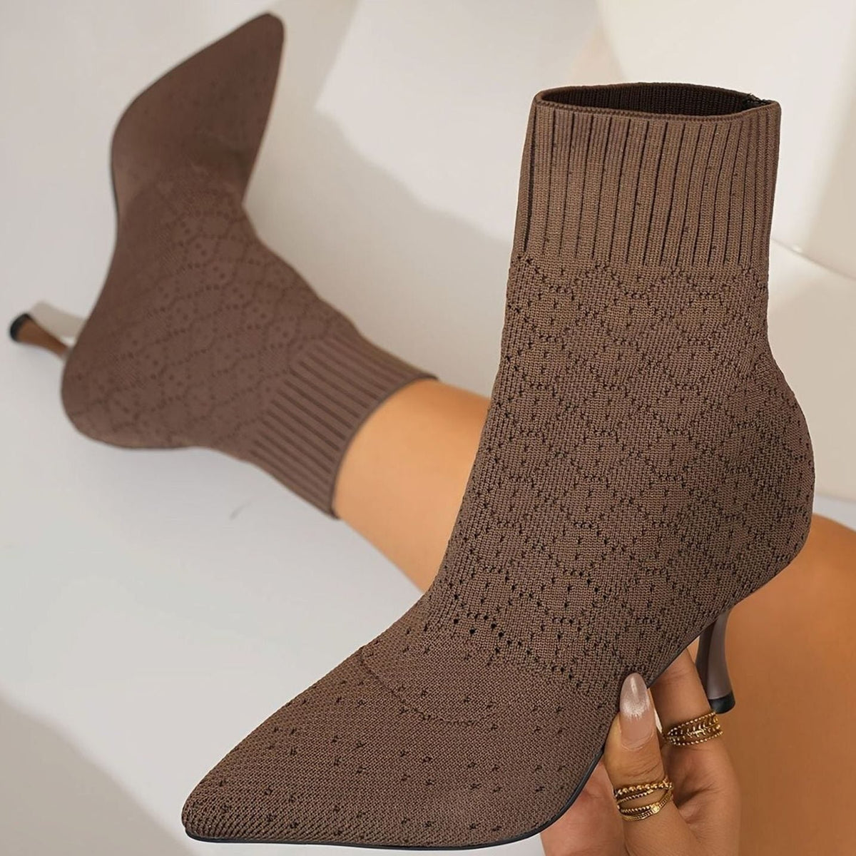 Women's Pointed-Toe Knit Sock Stiletto Ankle Boots