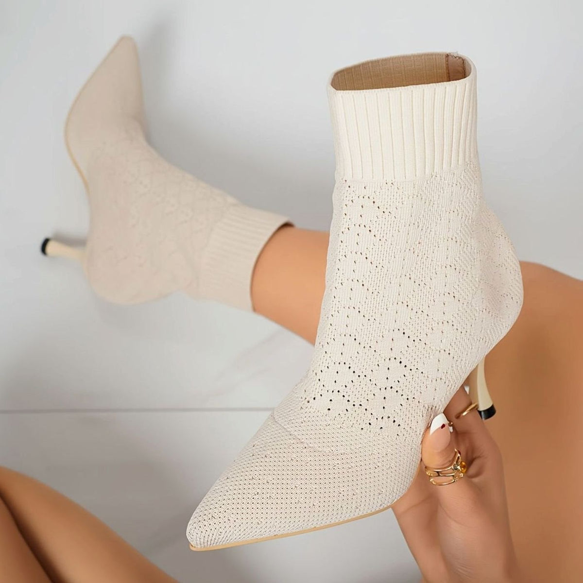 Women's Pointed-Toe Knit Sock Stiletto Ankle Boots