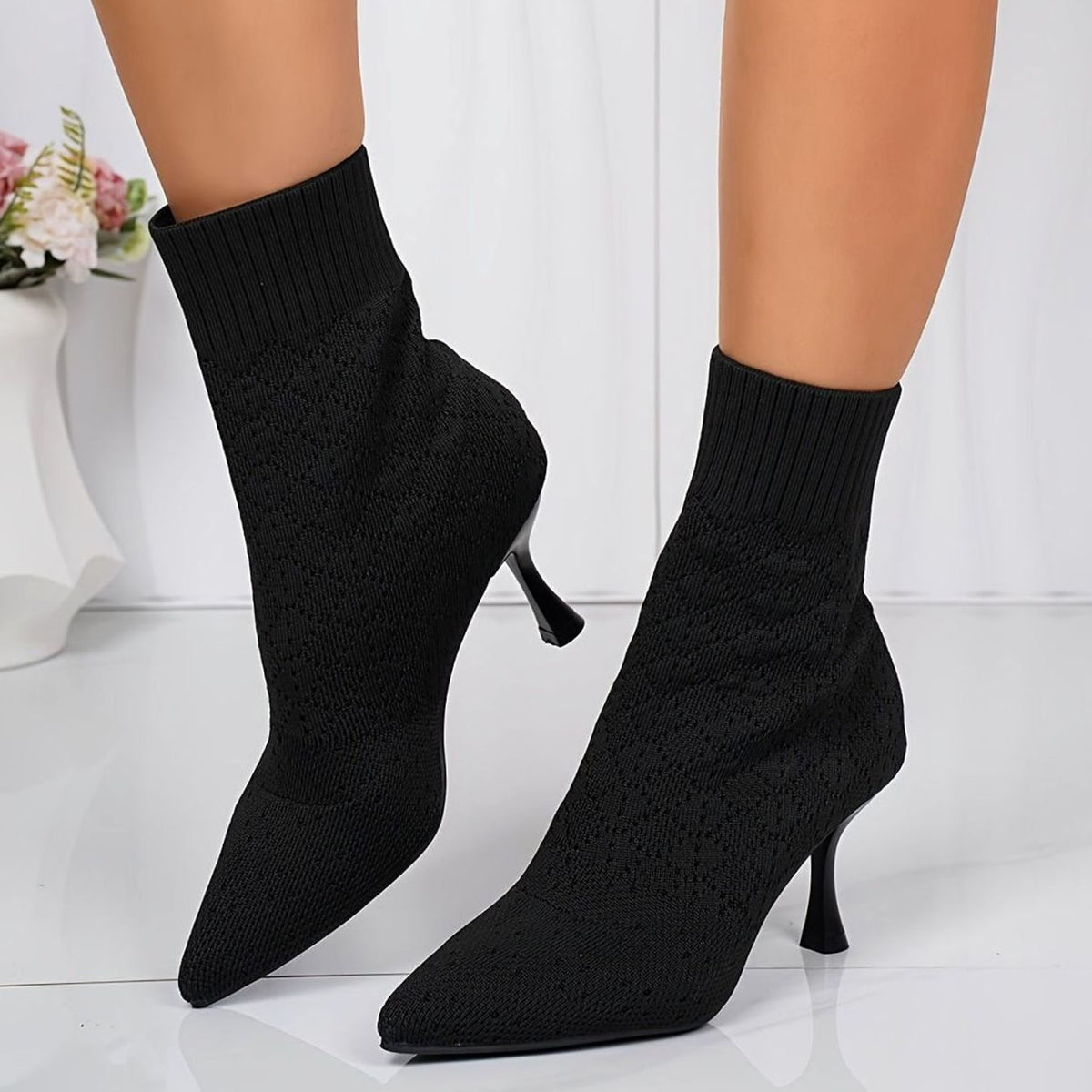 Women's Pointed-Toe Knit Sock Stiletto Ankle Boots