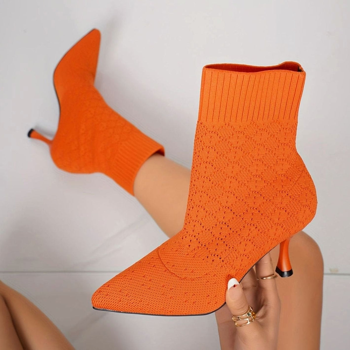 Women's Pointed-Toe Knit Sock Stiletto Ankle Boots