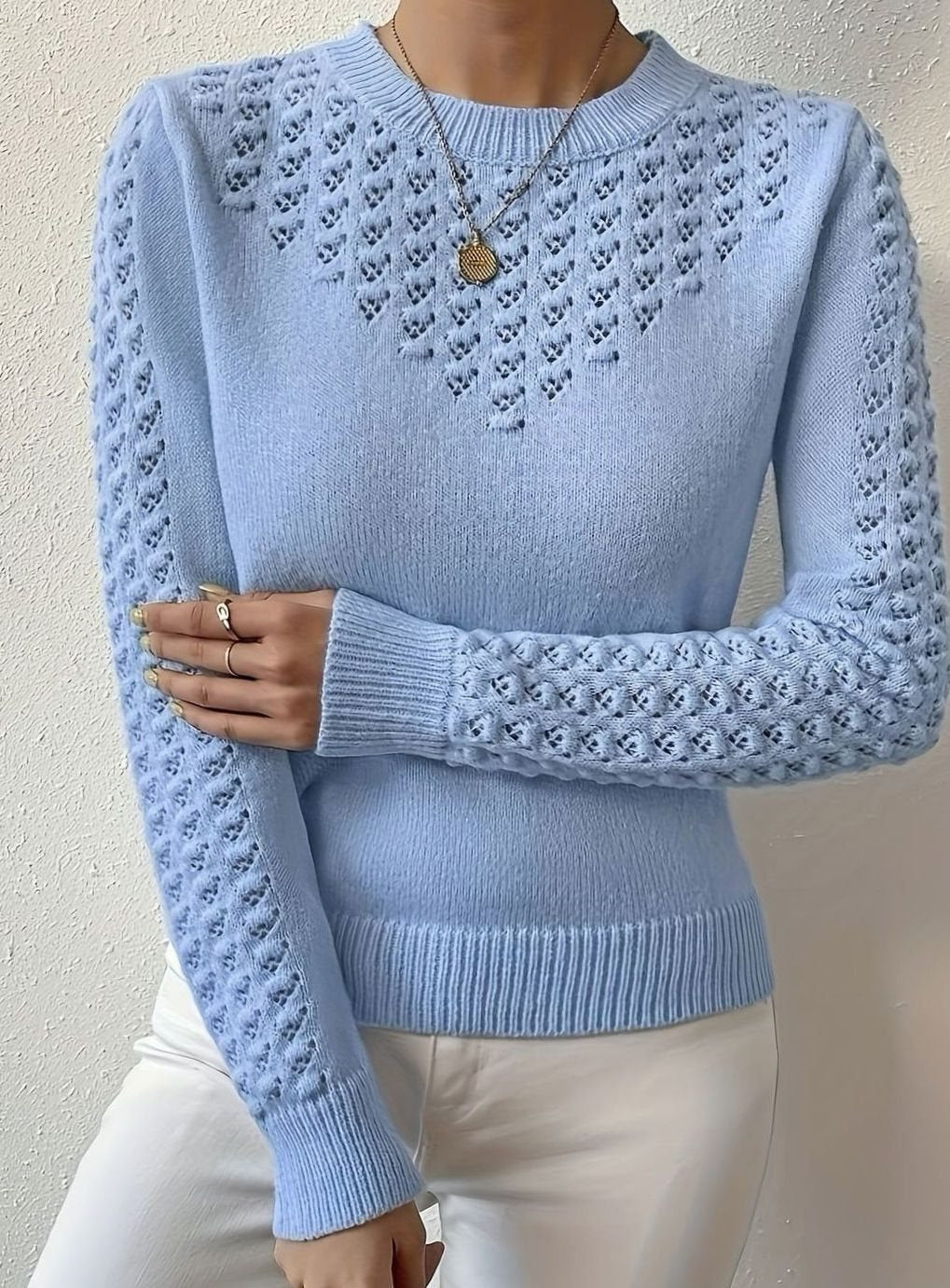 Women's Pointelle-Knit Round Neck Long Sleeve Sweater