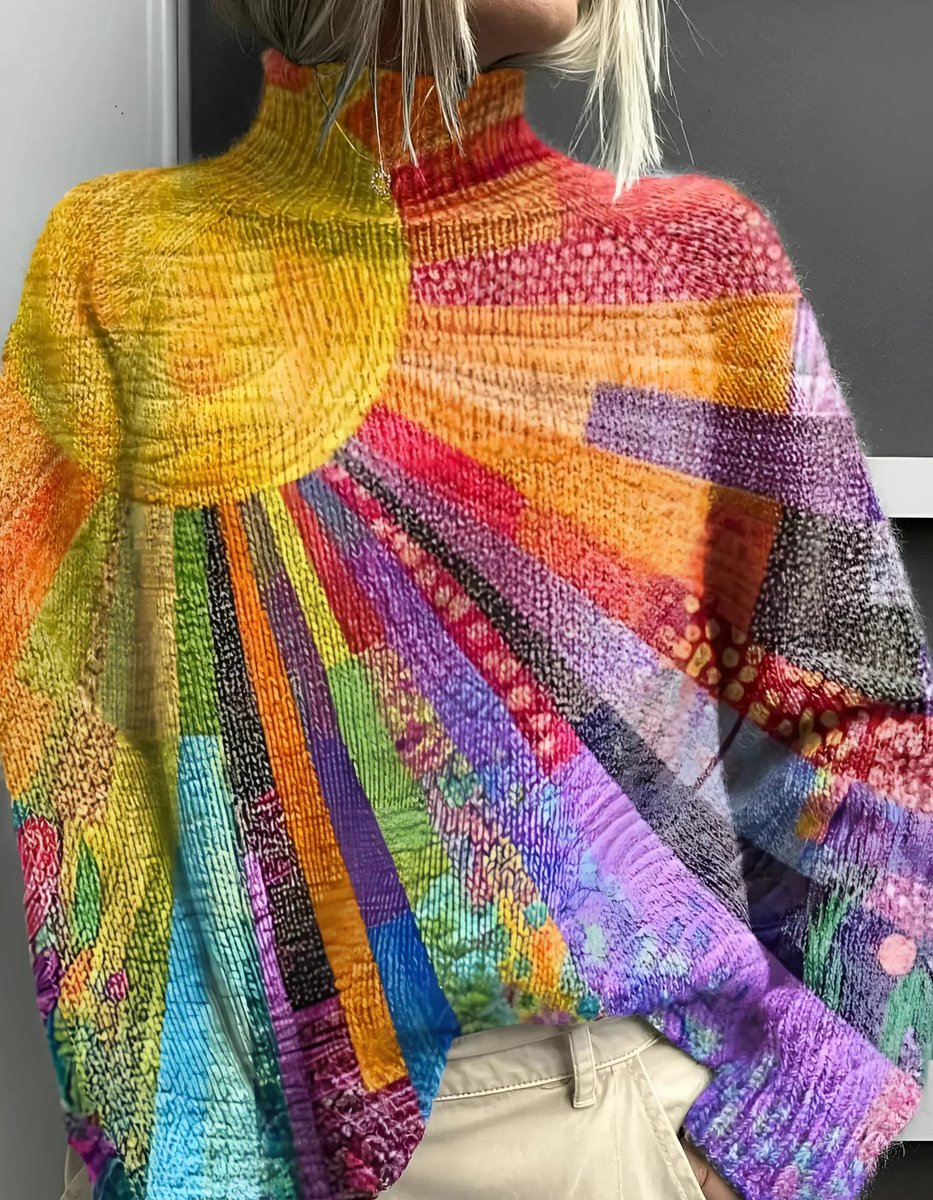 Women's Rainbow Turtleneck Colorblock Knit Pullover Sweater