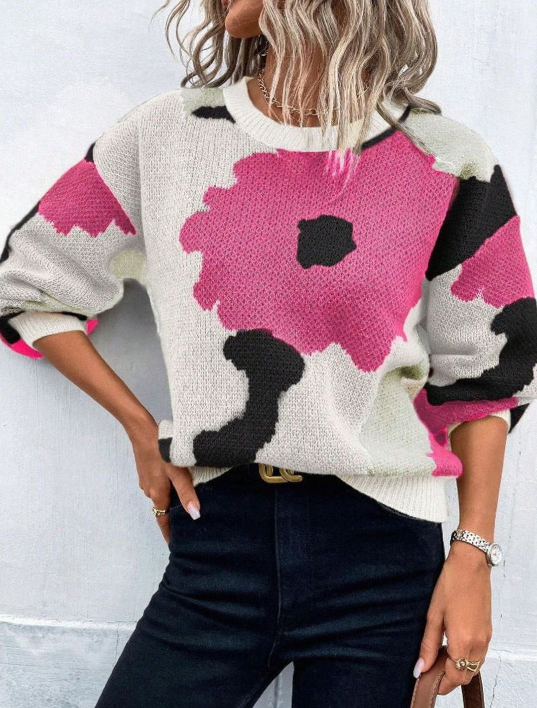 Women's Relaxed-Fit Floral Knit Pullover Sweater