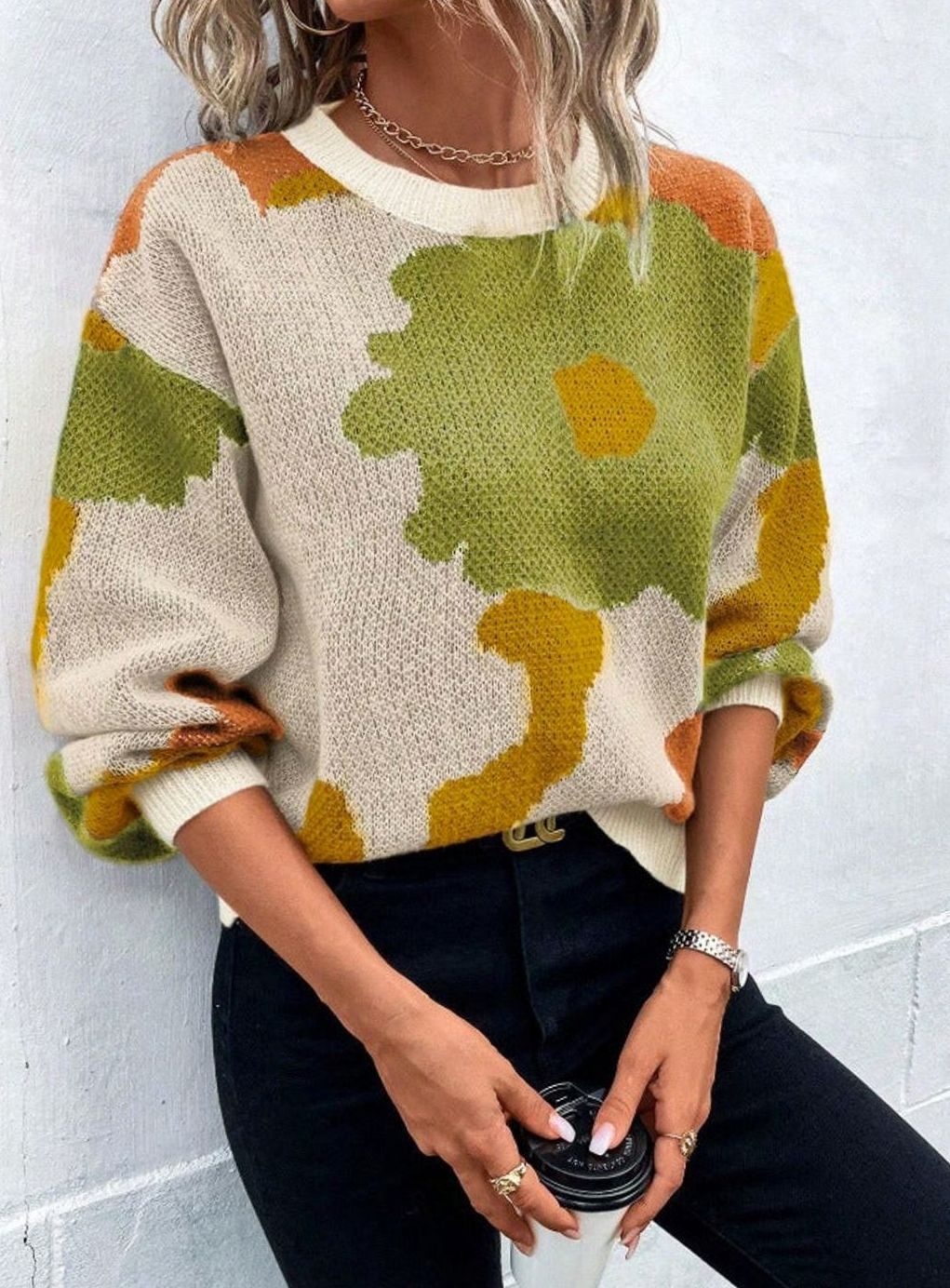 Women's Relaxed-Fit Floral Knit Pullover Sweater