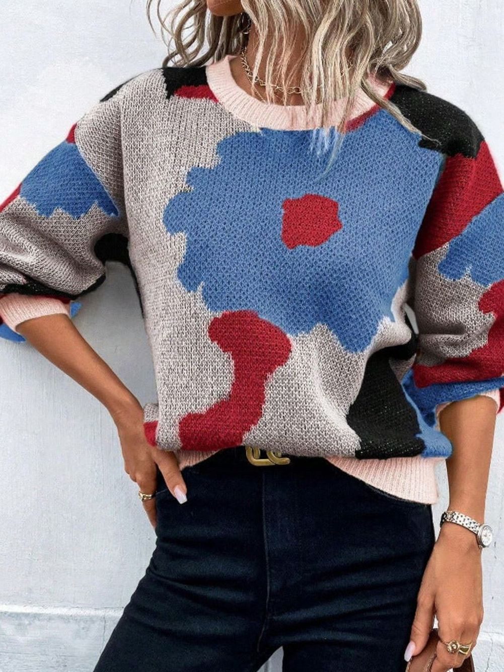 Women's Relaxed-Fit Floral Knit Pullover Sweater
