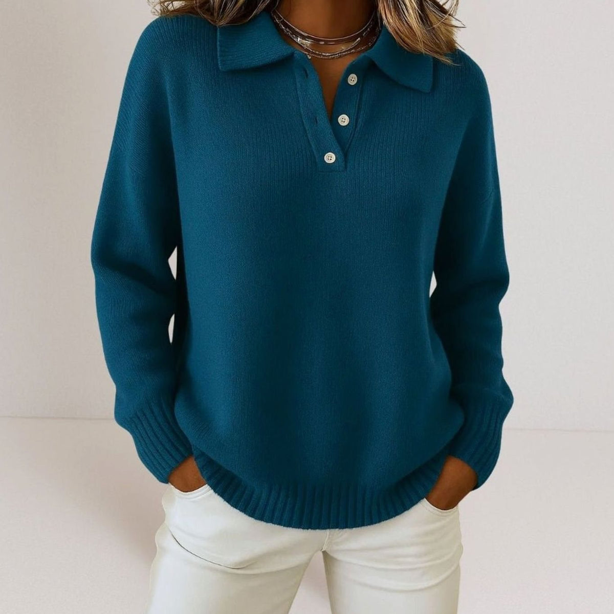 Women's Relaxed-Fit Polo Collar Button Placket Knit Sweater