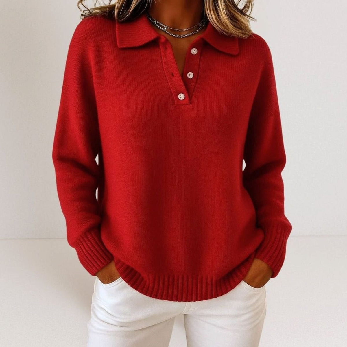 Women's Relaxed-Fit Polo Collar Button Placket Knit Sweater