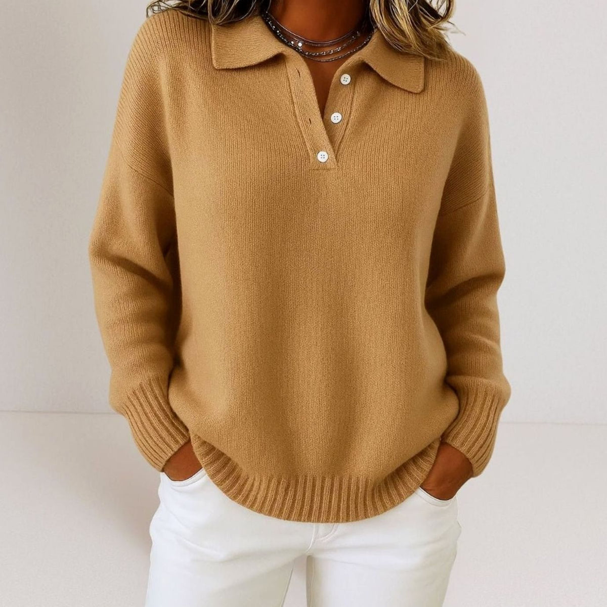 Women's Relaxed-Fit Polo Collar Button Placket Knit Sweater