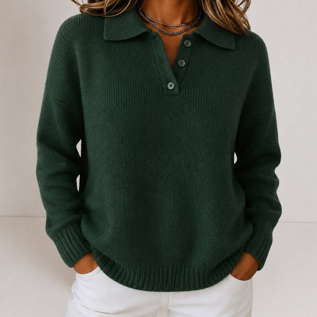 Women's Relaxed-Fit Polo Collar Button Placket Knit Sweater