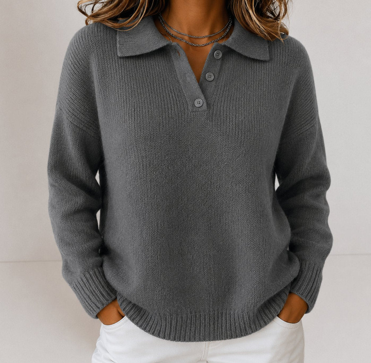 Women's Relaxed-Fit Polo Collar Button Placket Knit Sweater