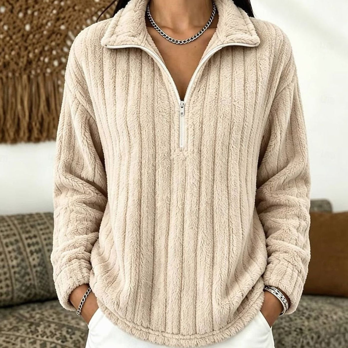 Women's Ribbed Fleece Quarter-Zip Pullover Sweater Plush Top