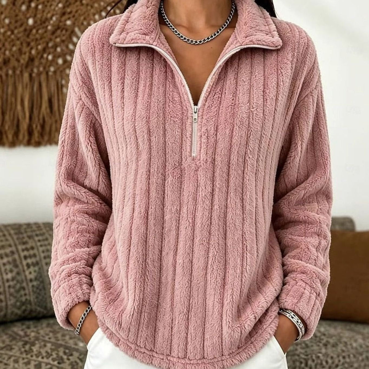 Women's Ribbed Fleece Quarter-Zip Pullover Sweater Plush Top