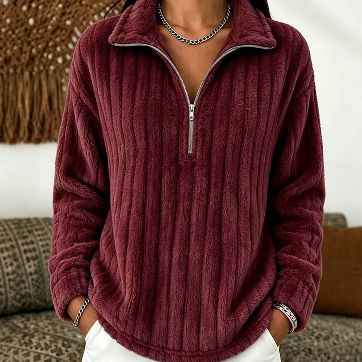 Women's Ribbed Fleece Quarter-Zip Pullover Sweater Plush Top