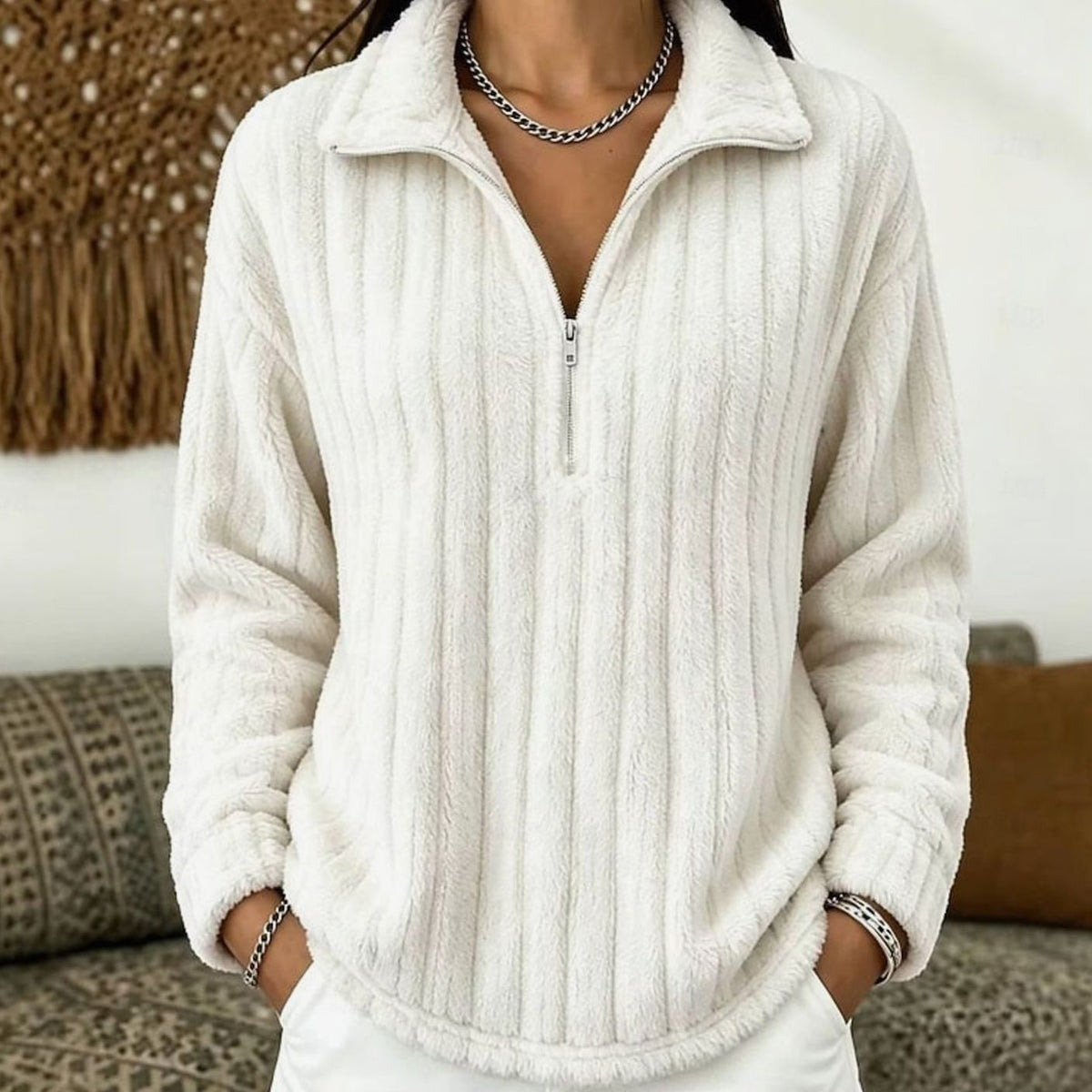 Women's Ribbed Fleece Quarter-Zip Pullover Sweater Plush Top