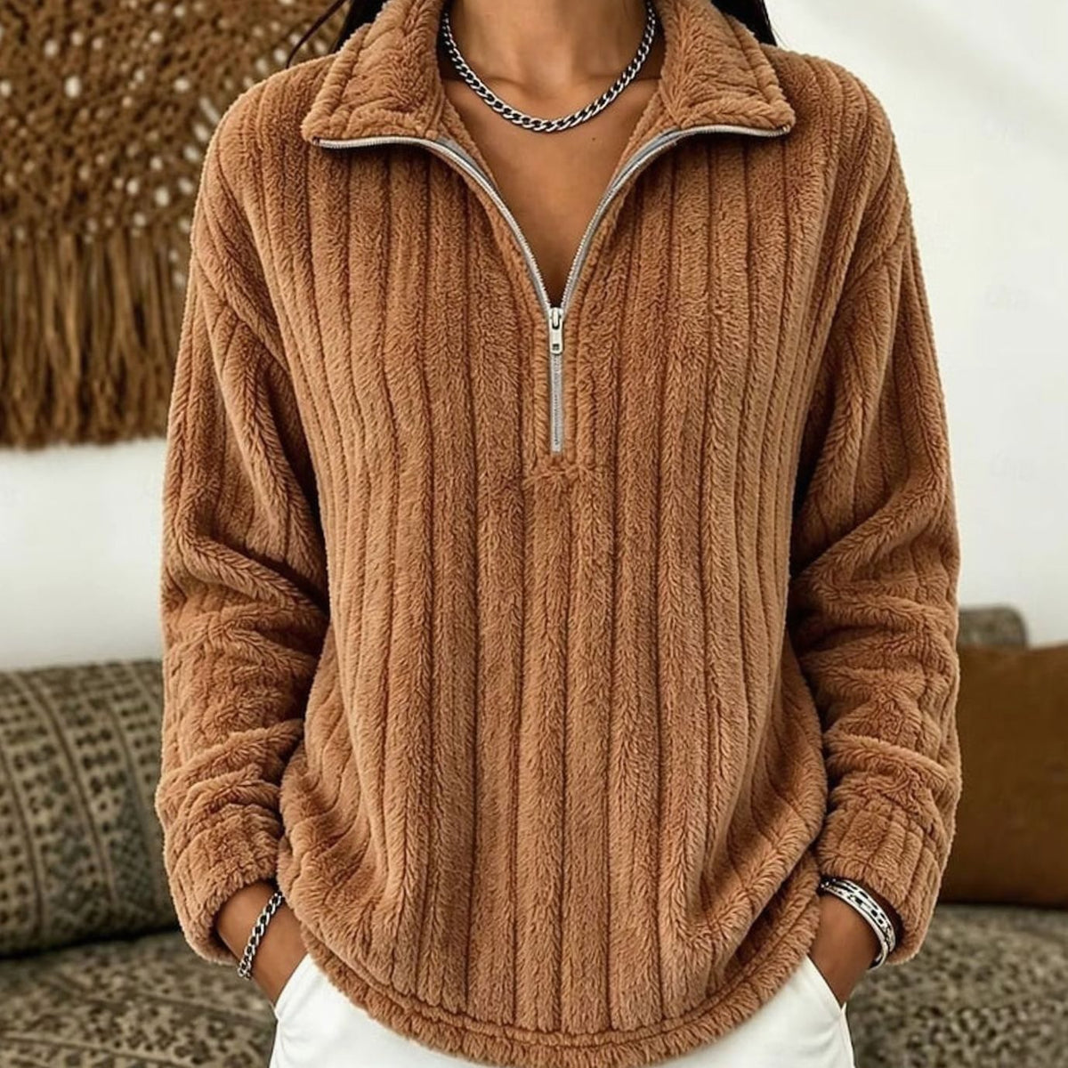 Women's Ribbed Fleece Quarter-Zip Pullover Sweater Plush Top