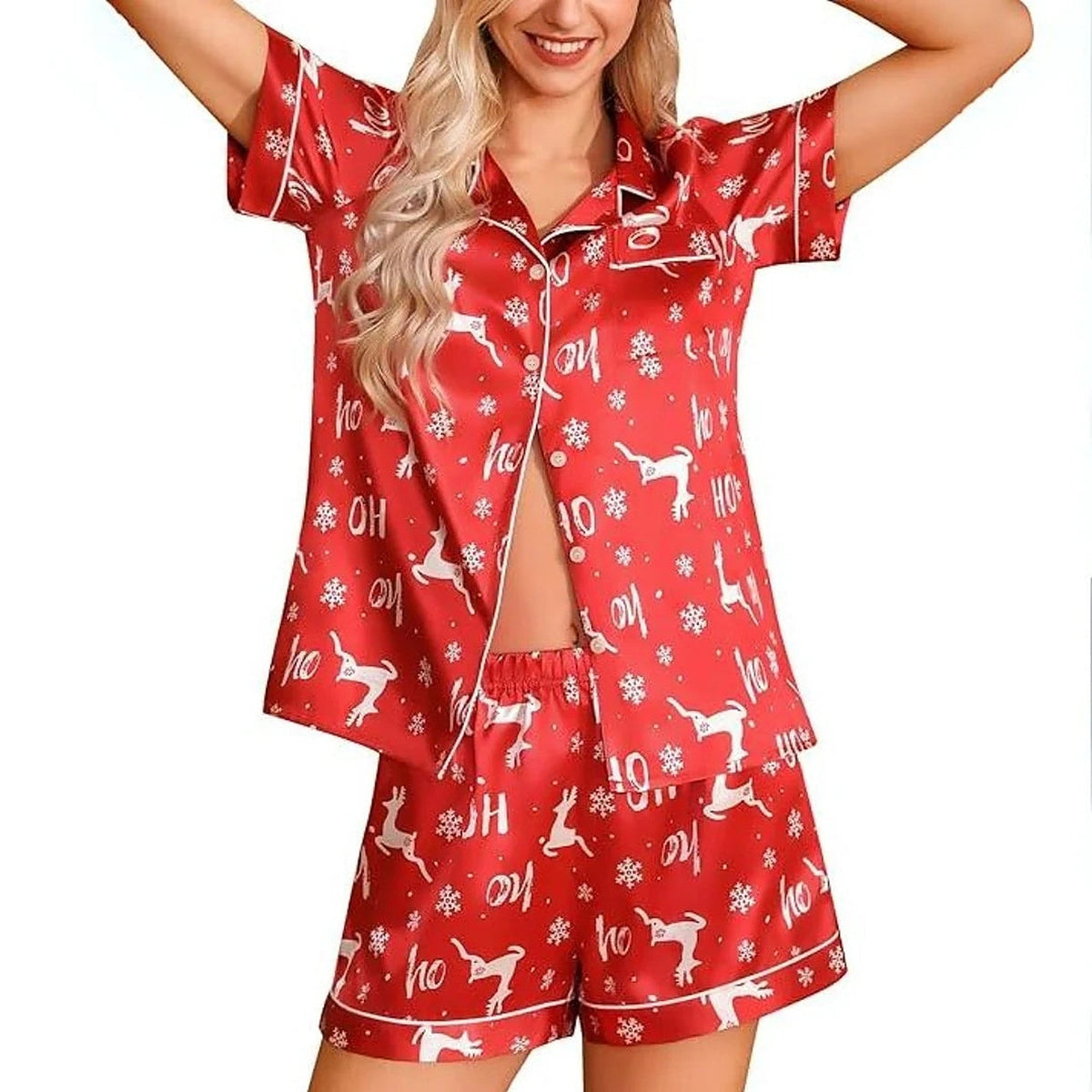 Women's Satin Christmas Pyjama Set - Short-Sleeved Shirt and Shorts