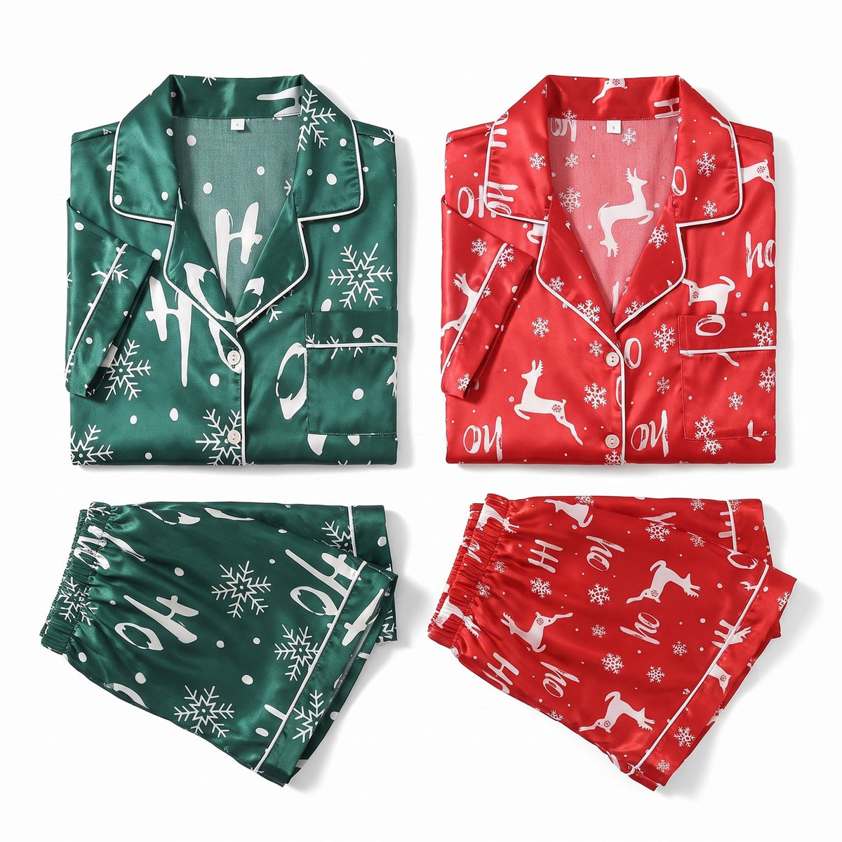 Women's Satin Christmas Pyjama Set - Short-Sleeved Shirt and Shorts