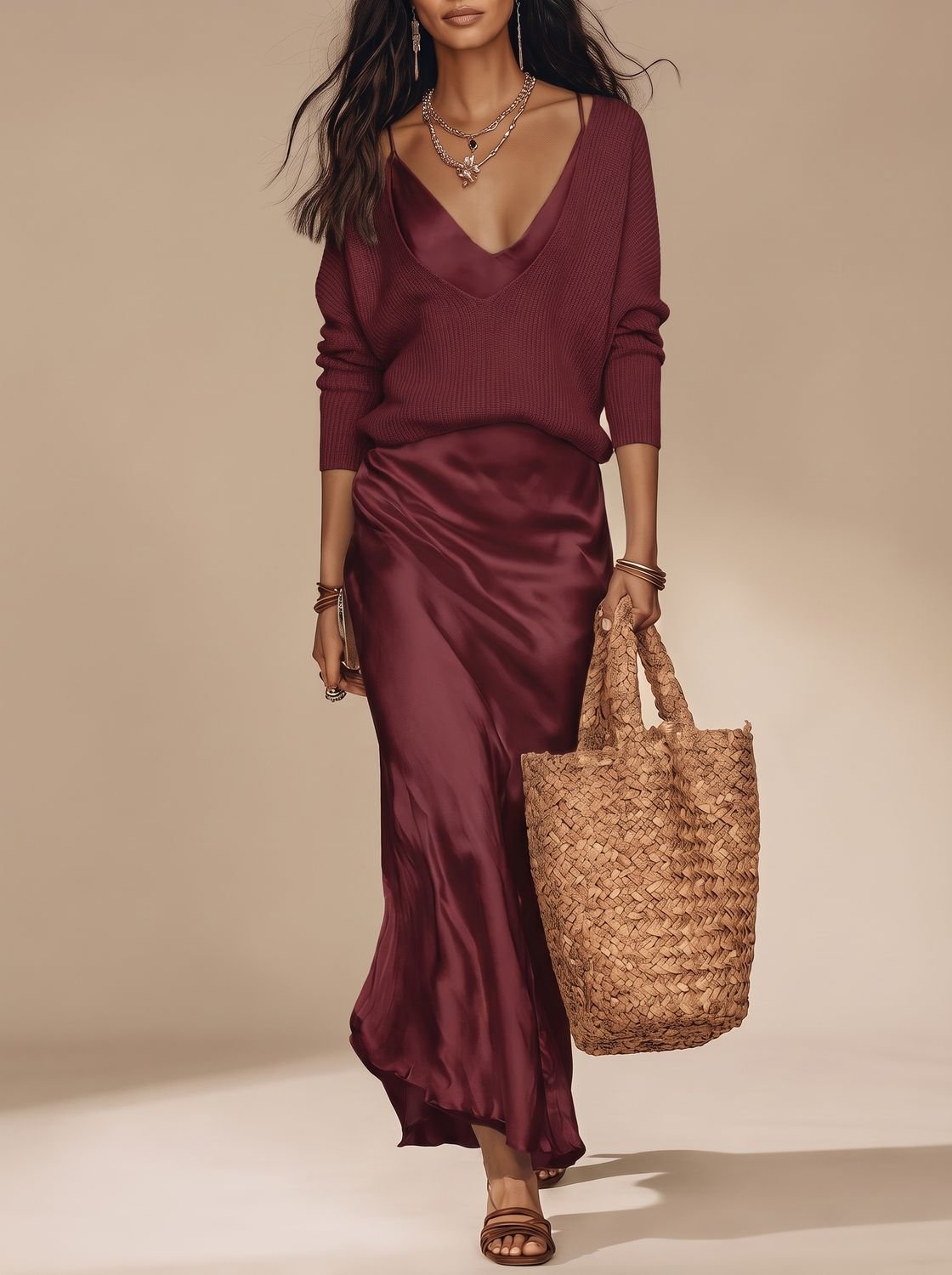Women's Satin V-Neck Slip Maxi Dress
