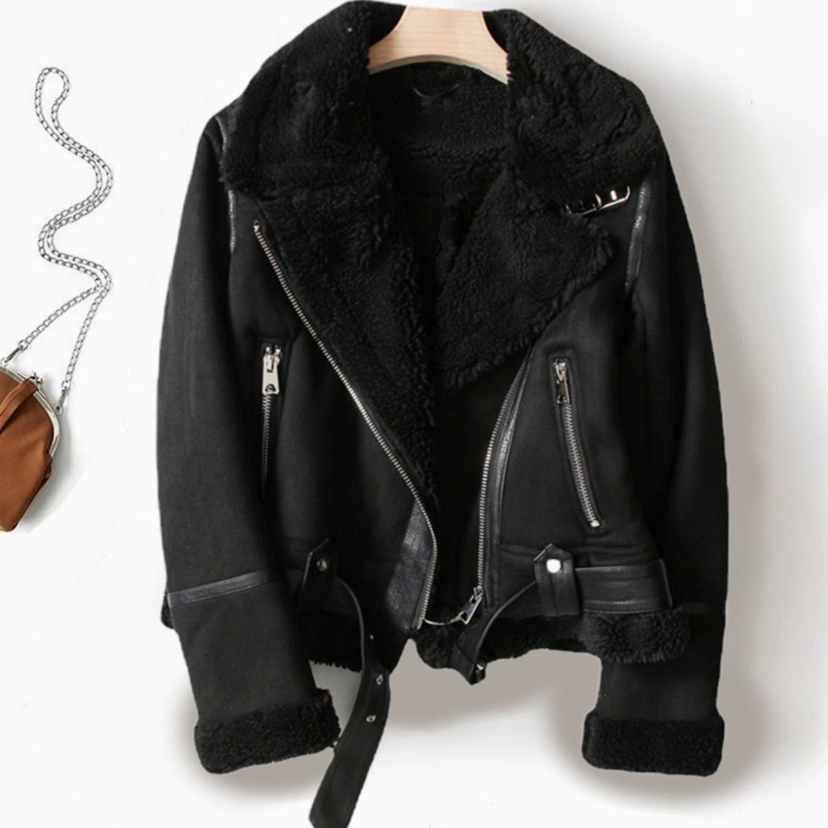 Women's Shearling-Lined Cropped Belted Moto Jacket
