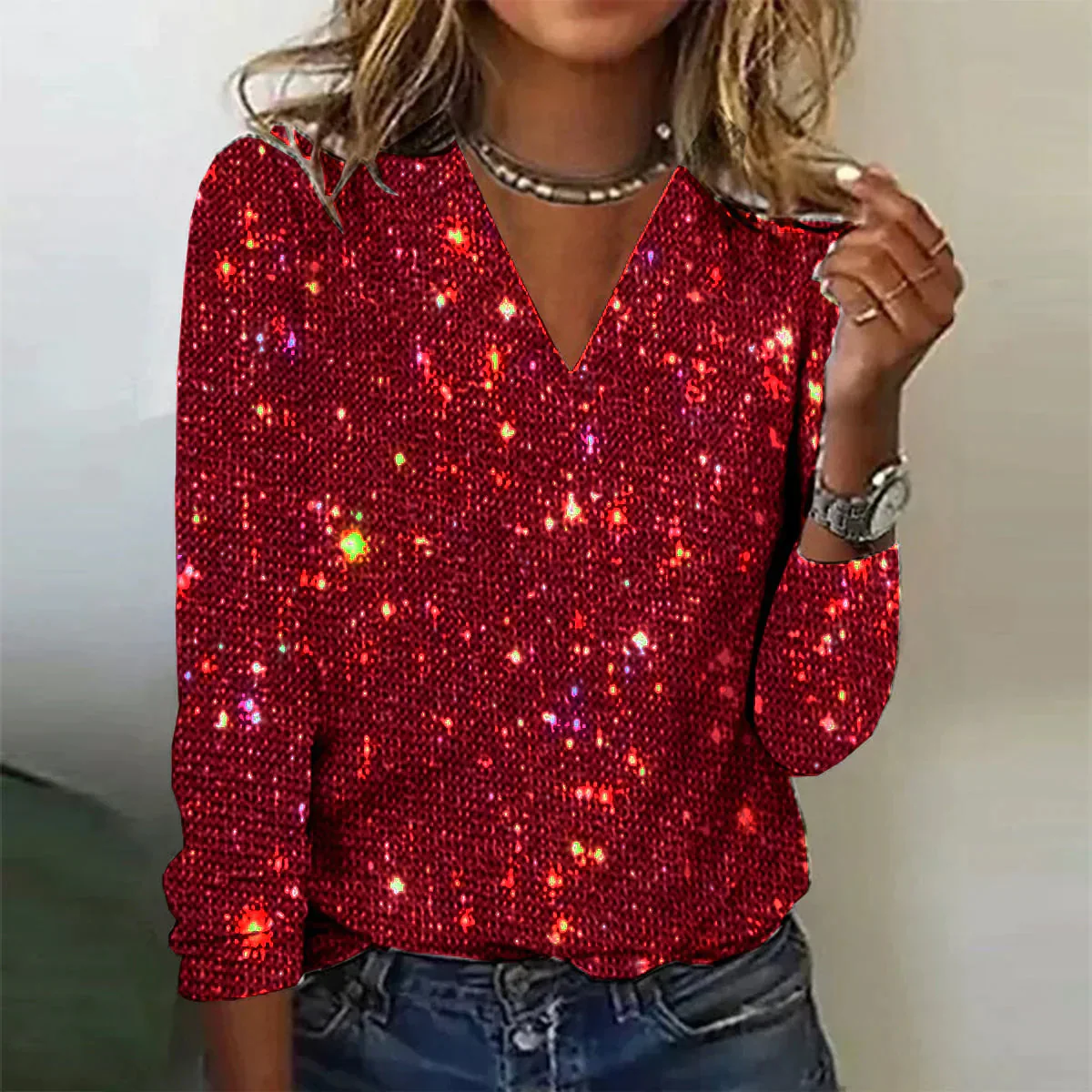 Women's Shiny V-Neck Sweater