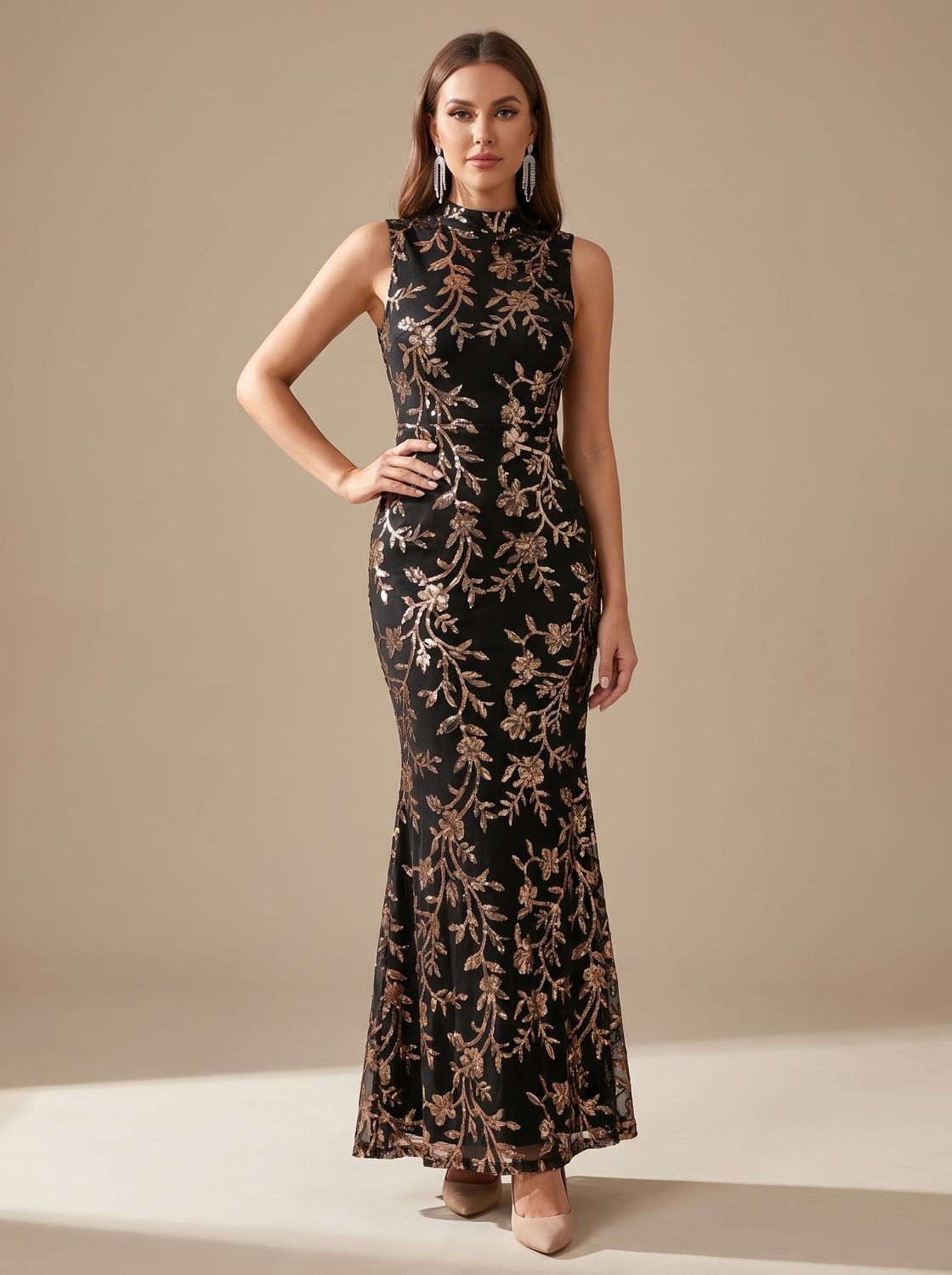 Women's Sleeveless Mock-Neck Floral Sequin Christmas Party Maxi Gown
