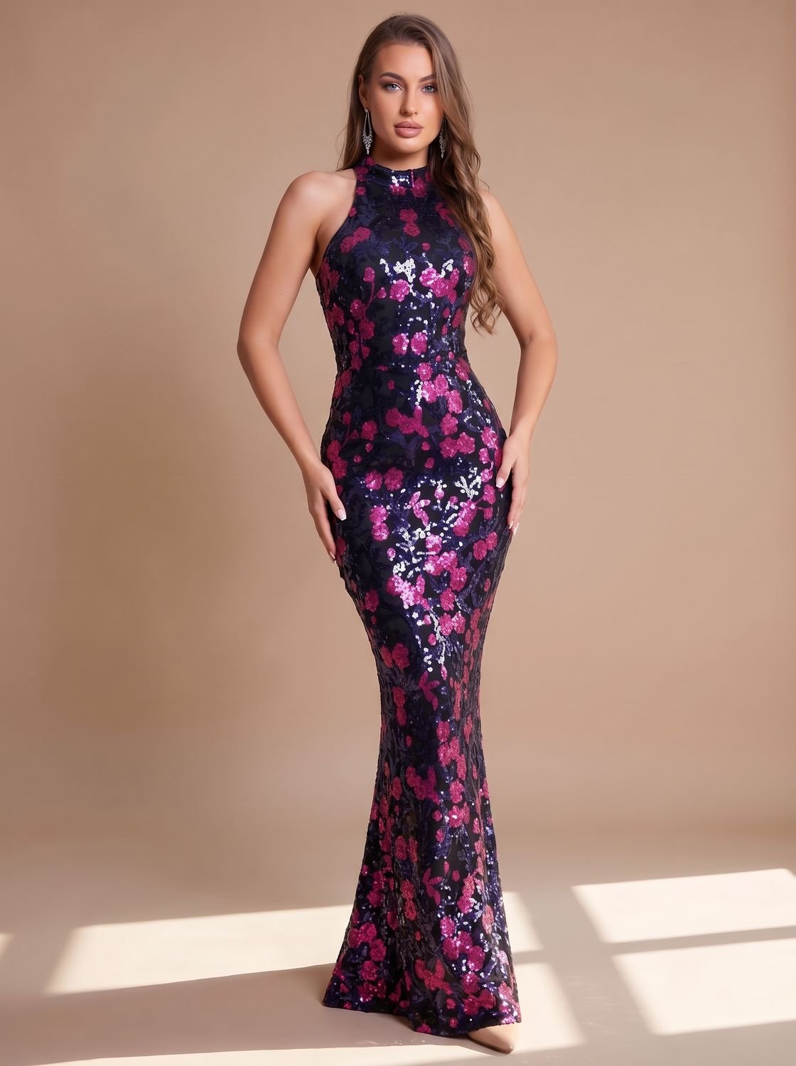 Women's Sleeveless Mock-Neck Floral Sequin Christmas Party Maxi Gown