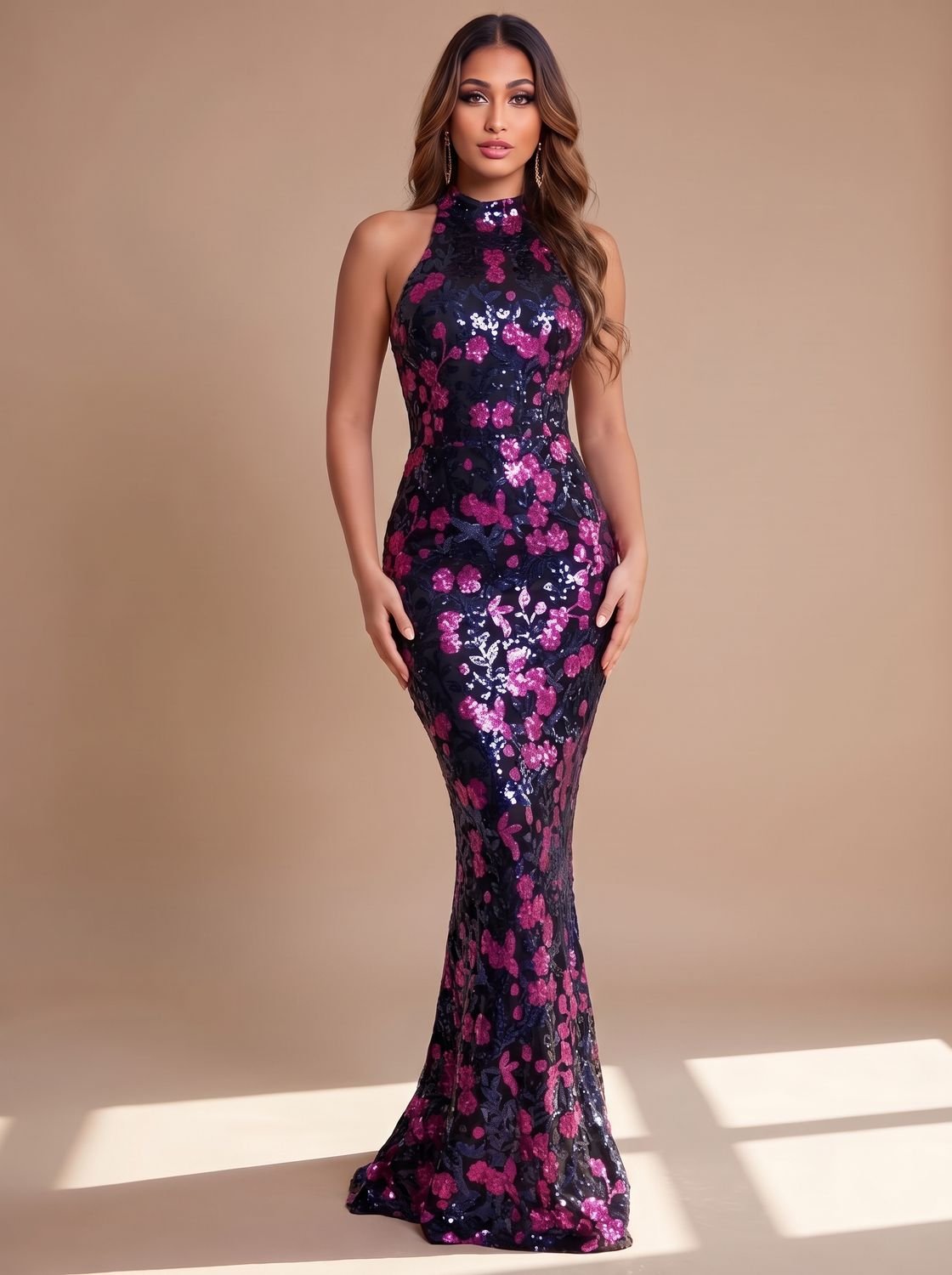 Women's Sleeveless Mock-Neck Floral Sequin Christmas Party Maxi Gown