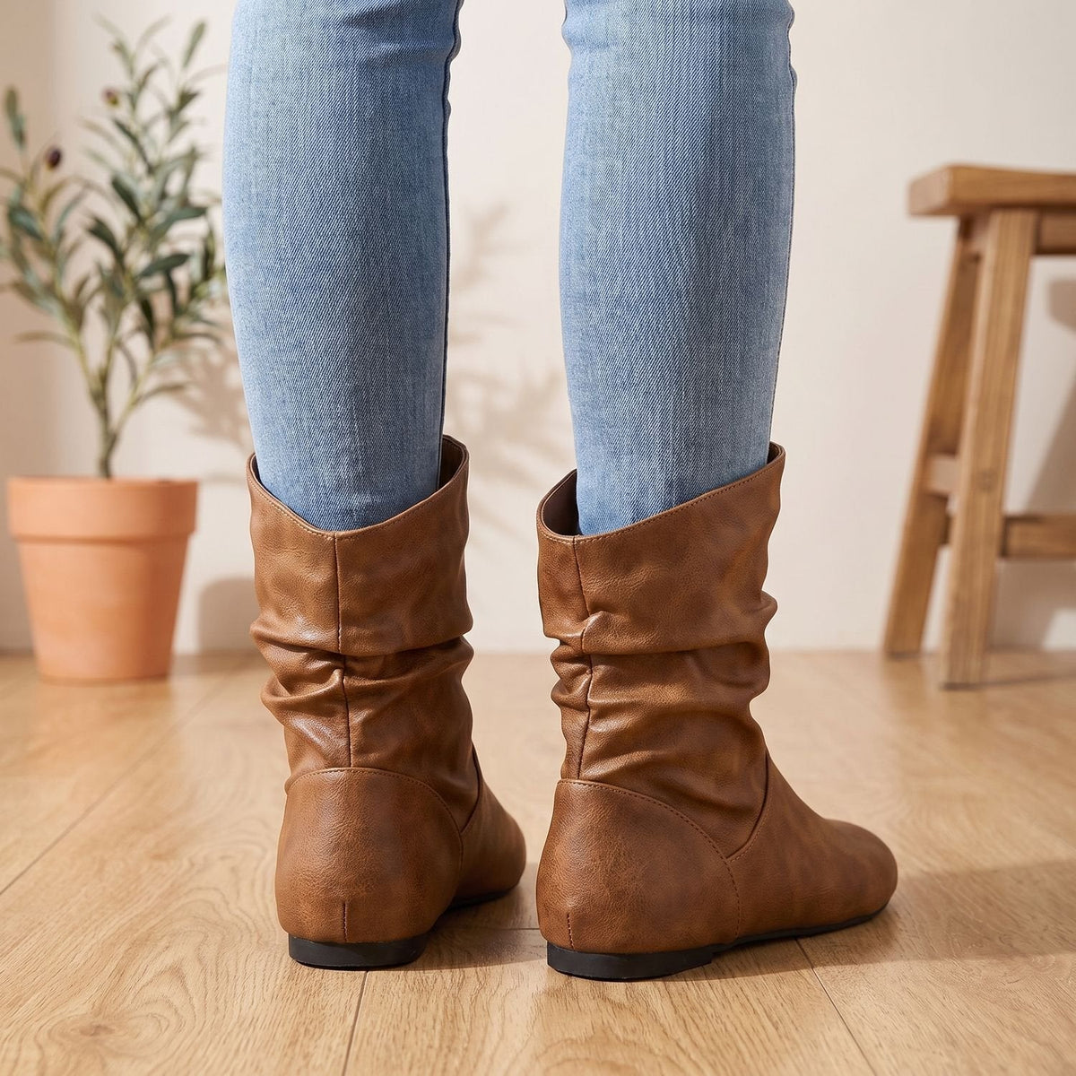 Women's Slouchy Flat Pull-On Ankle Boots with Round Toe