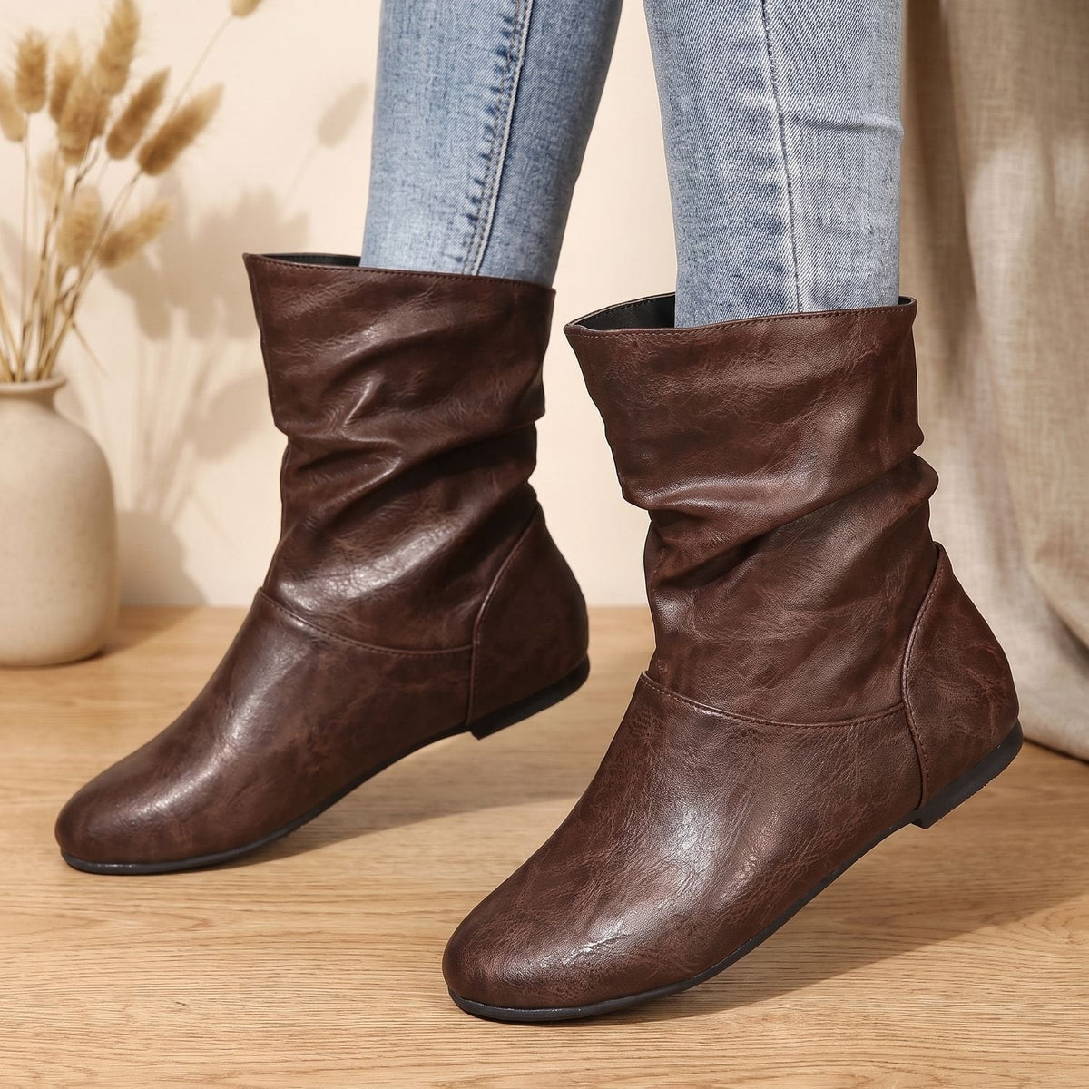 Women's Slouchy Flat Pull-On Ankle Boots with Round Toe