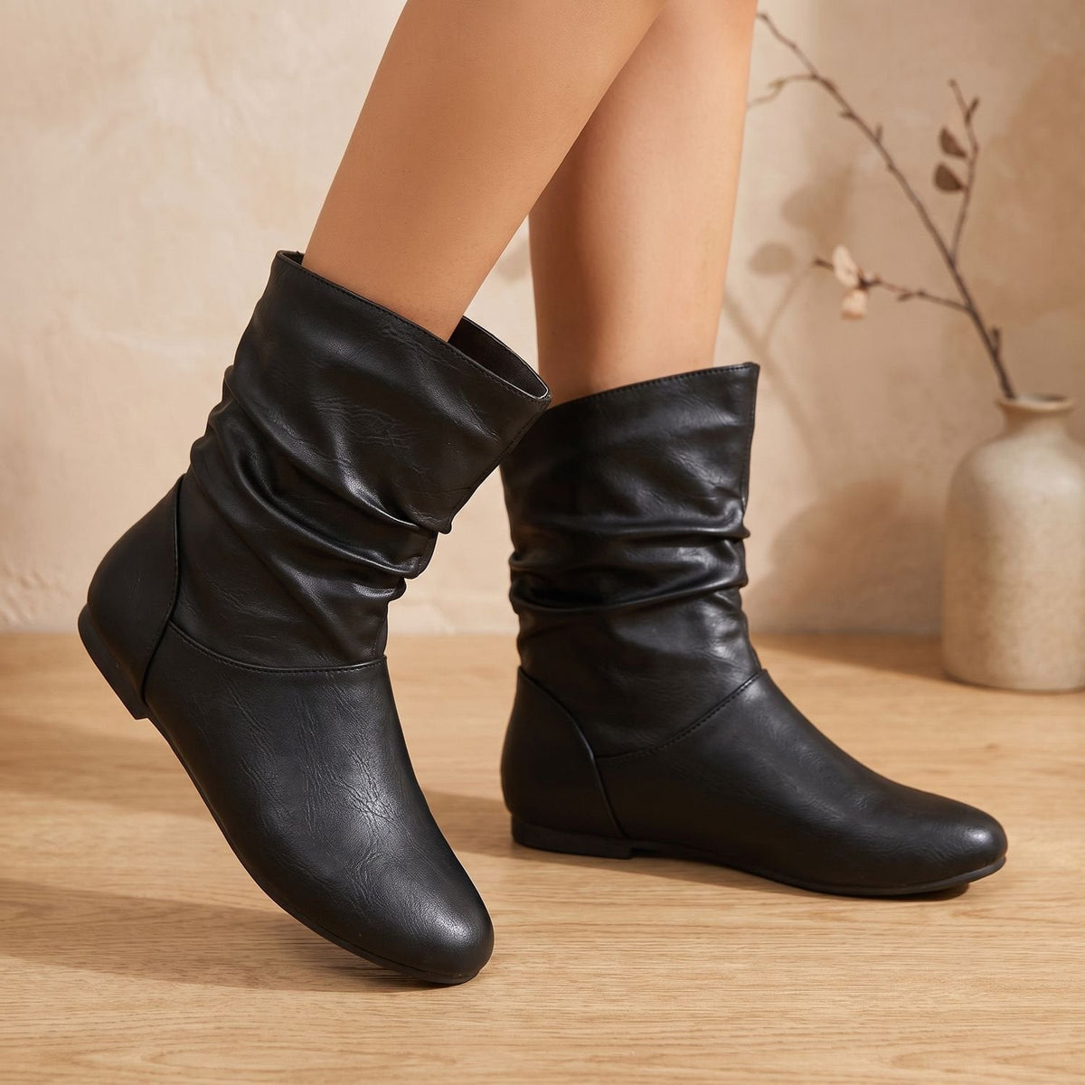 Women's Slouchy Flat Pull-On Ankle Boots with Round Toe