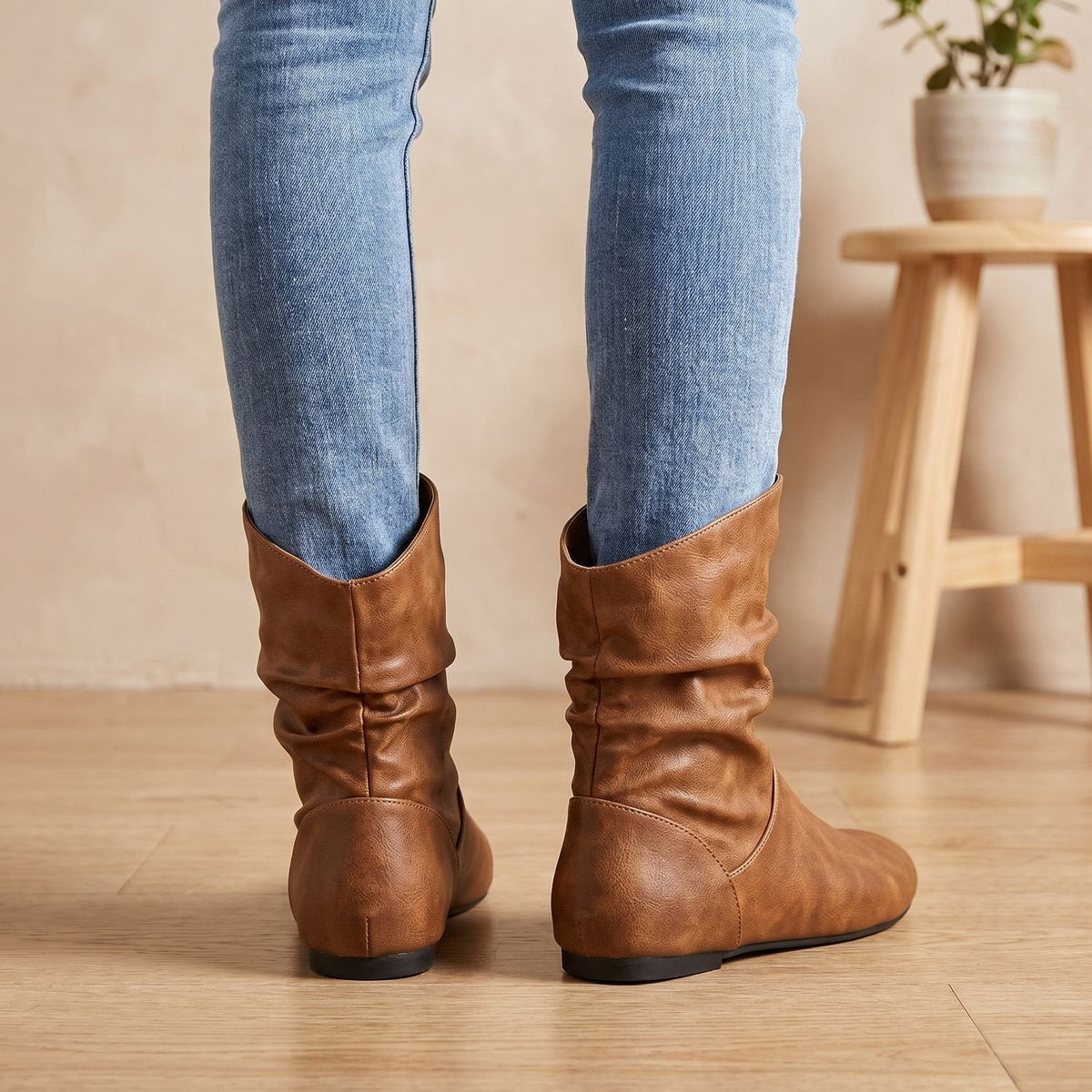 Women's Slouchy Flat Pull-On Ankle Boots with Round Toe