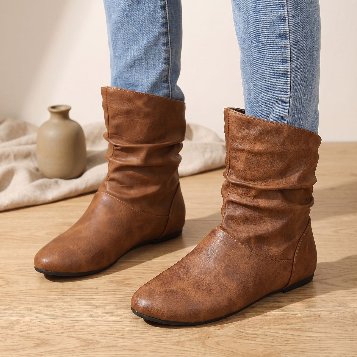 Women's Slouchy Flat Pull-On Ankle Boots with Round Toe