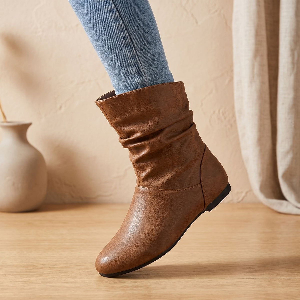 Women's Slouchy Flat Pull-On Ankle Boots with Round Toe