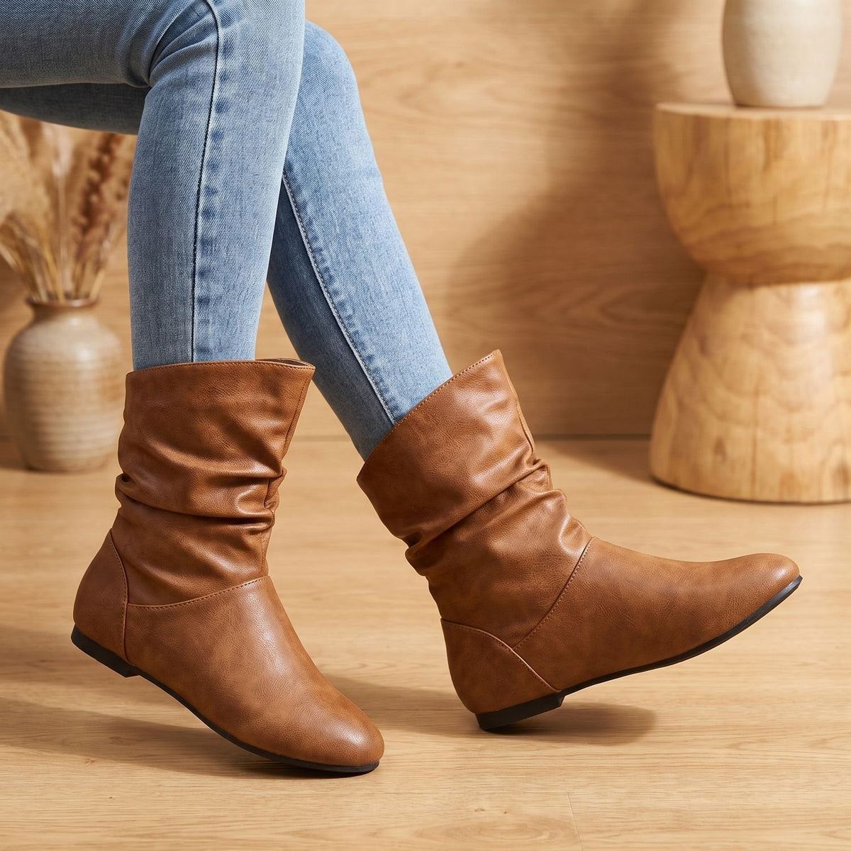 Women's Slouchy Flat Pull-On Ankle Boots with Round Toe